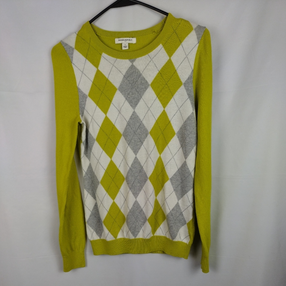 Banana Republic Women's Sweater Gray lime green cream Argyle Size S preppy
